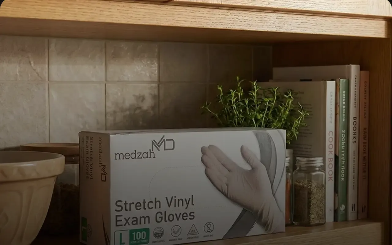 A Medzah At Home glove box on a kitchen shelf beside jars and cookbooks