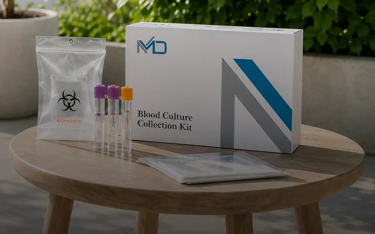 A Ditek blood culture collection kit and sample pouch on a garden table