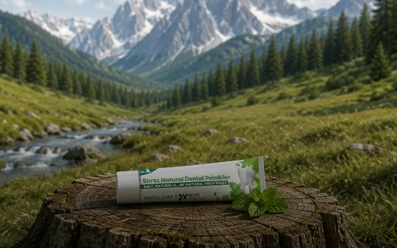 Shraz Natural Dental Painkiller packaging photographed on a tree stump in a mountain valley