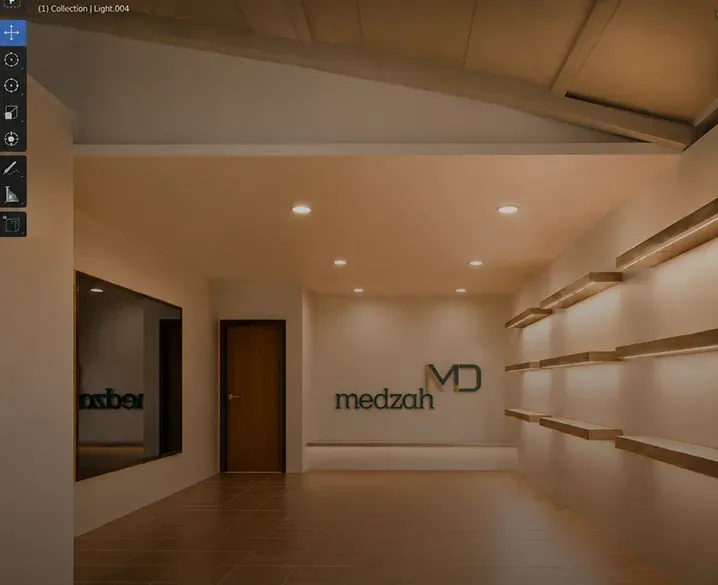 A 3D render of a Medzah branded showroom interior with the logo on the back wall