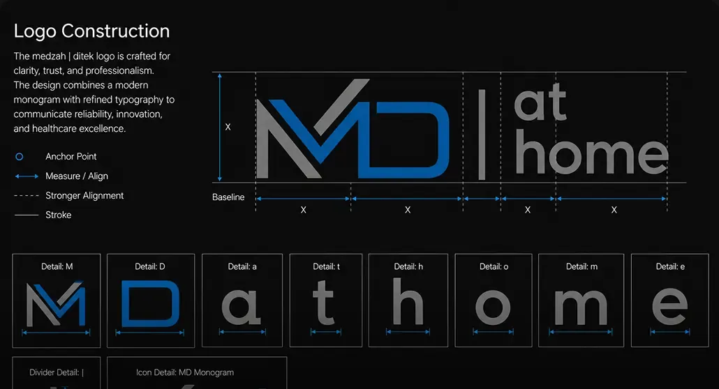 The Medzah At Home logo construction sheet with the MD monogram and the "at home" wordmark on a grid