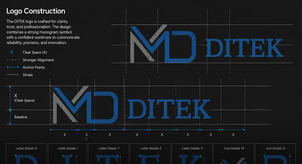 The DITEK logo construction sheet with the monogram and wordmark set out on a grid