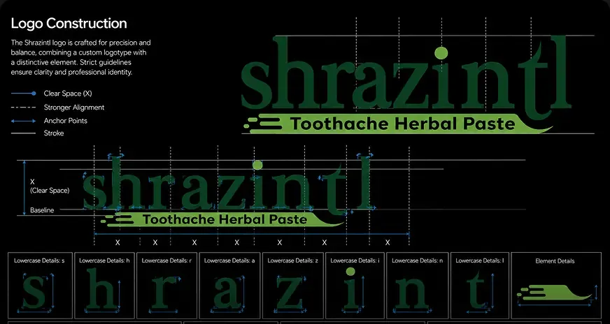 The shrazintl logo construction sheet with the wordmark and tagline set out on a grid