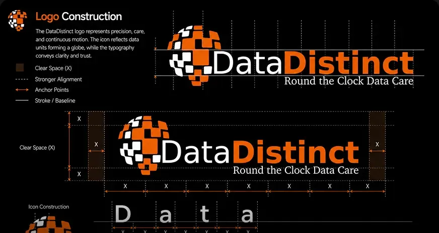 The DataDistinct logo construction sheet with the icon and wordmark set out on a grid
