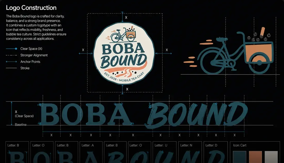 The Boba Bound logo construction sheet with the cart icon, badge and logotype set out on a grid