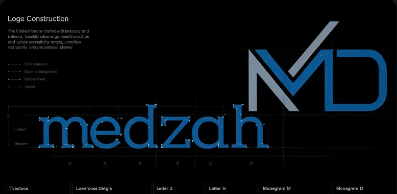 Medzah logo construction sheet, the wordmark and the MD monogram set out on a grid