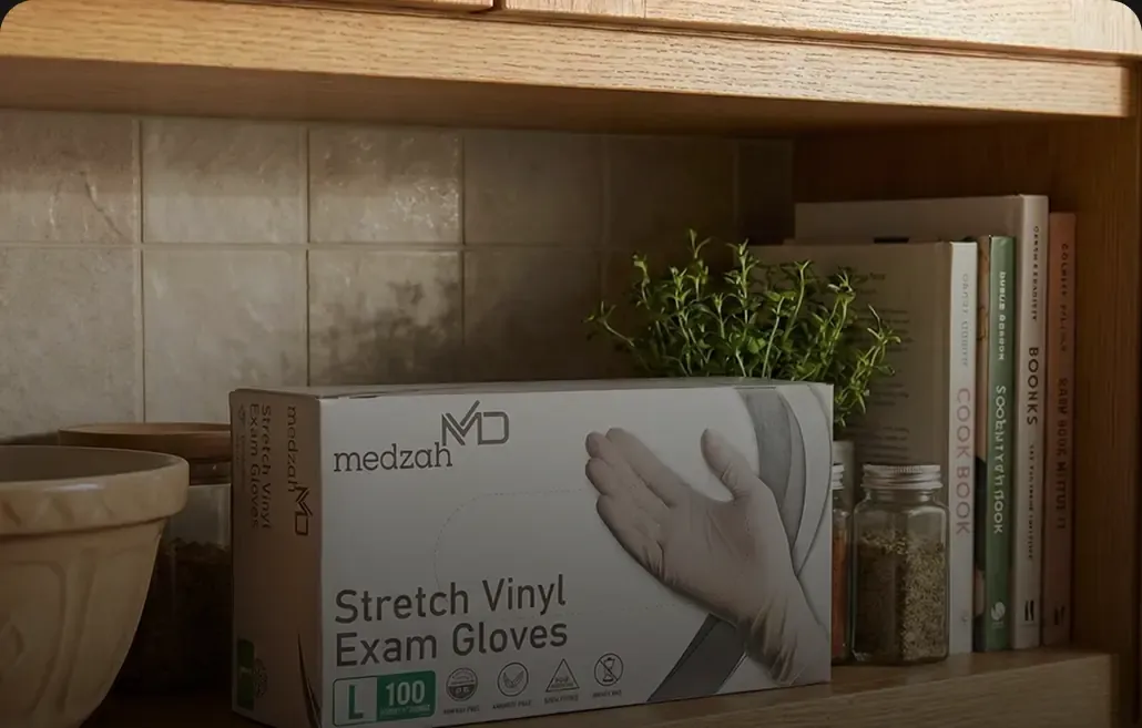 A Medzah stretch vinyl exam glove box on a kitchen shelf beside jars and cookbooks