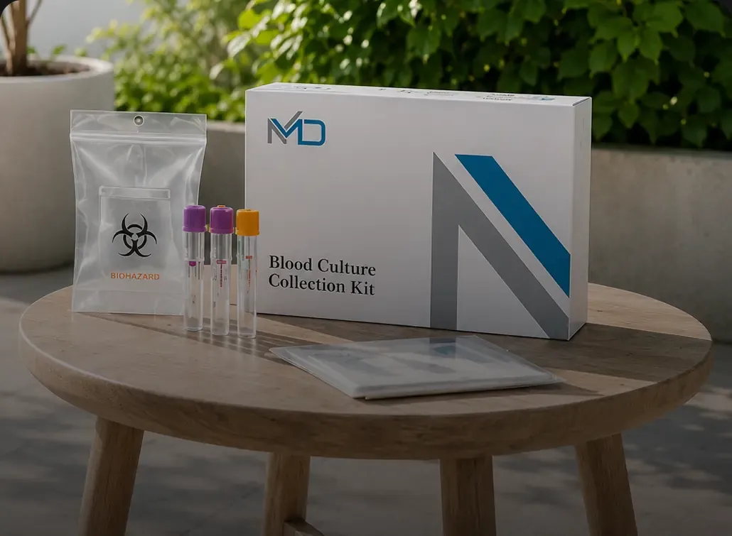 A Ditek blood culture collection kit box and sample pouch on a garden table