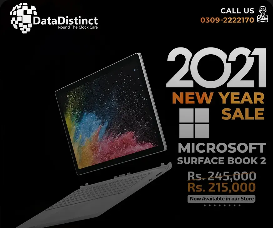 A DataDistinct new year sale post for the Microsoft Surface Book 2