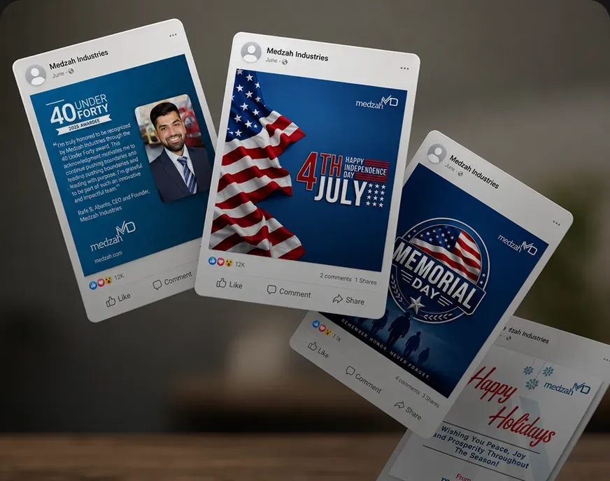 A set of Medzah social media posts for national holidays and company milestones