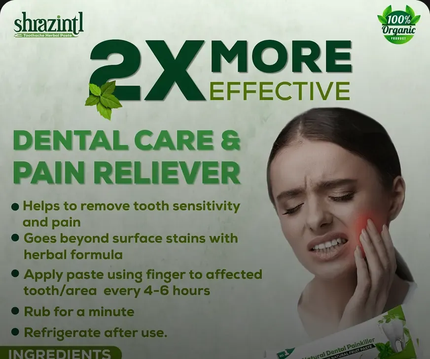 A Shraz dental care social post listing how to apply the herbal paste