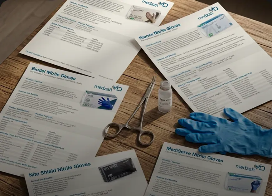 Printed Medzah product specification sheets laid out on a desk with nitrile gloves