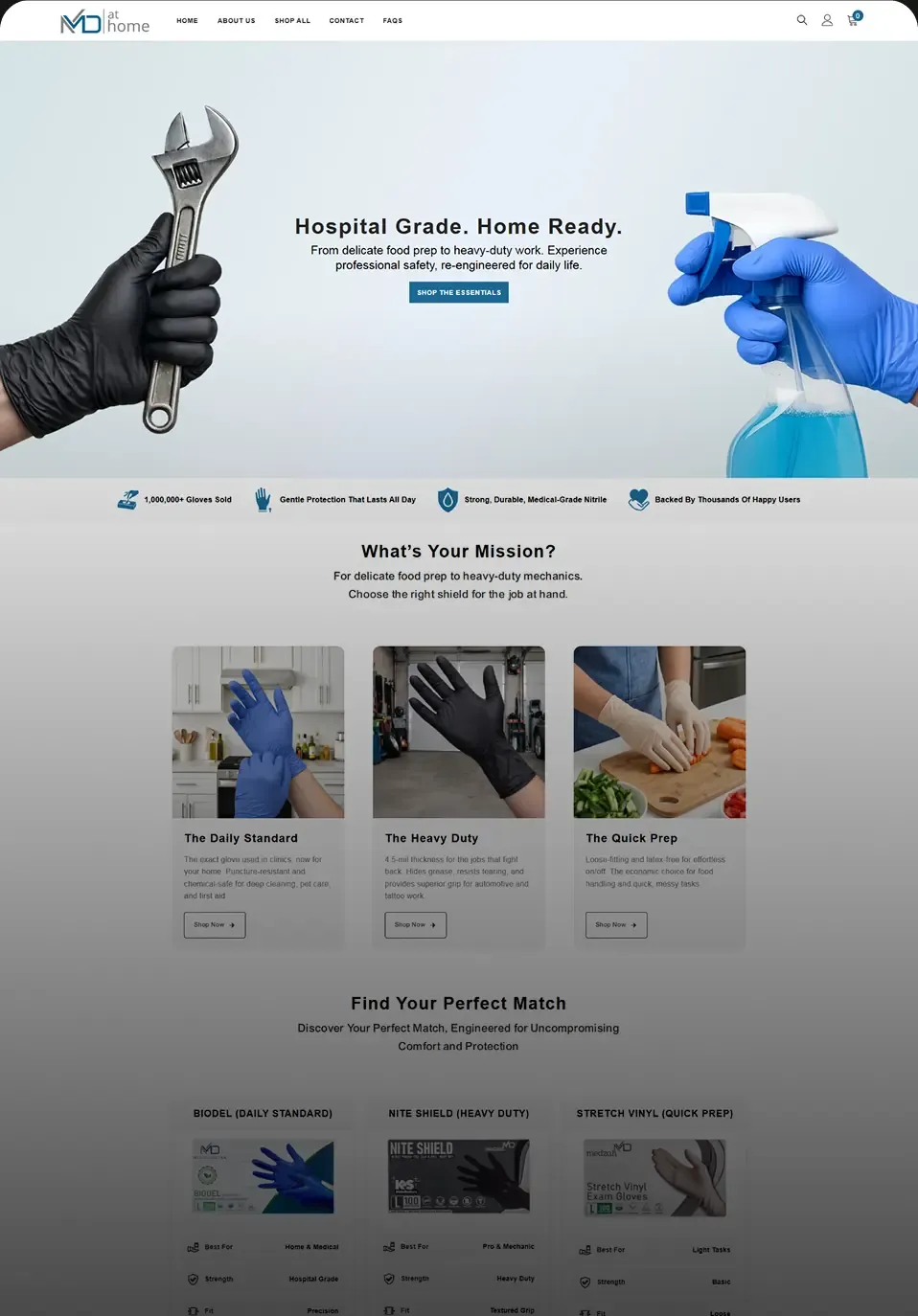 The Medzah At Home website shown full length, with the glove ranges and a product comparison