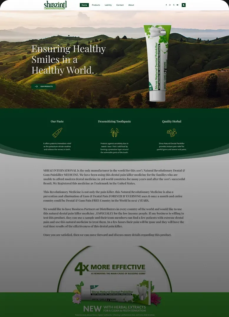 The Shraz International website shown full length