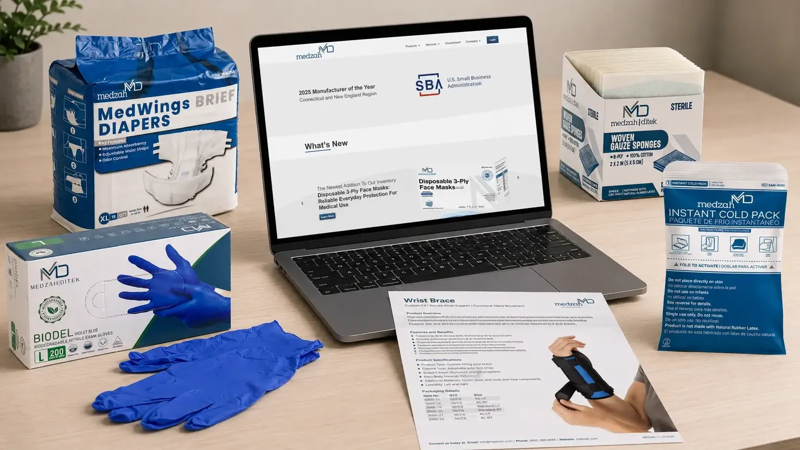 Medzah Industries brand system by zohlink, logo, packaging and website shown on a laptop